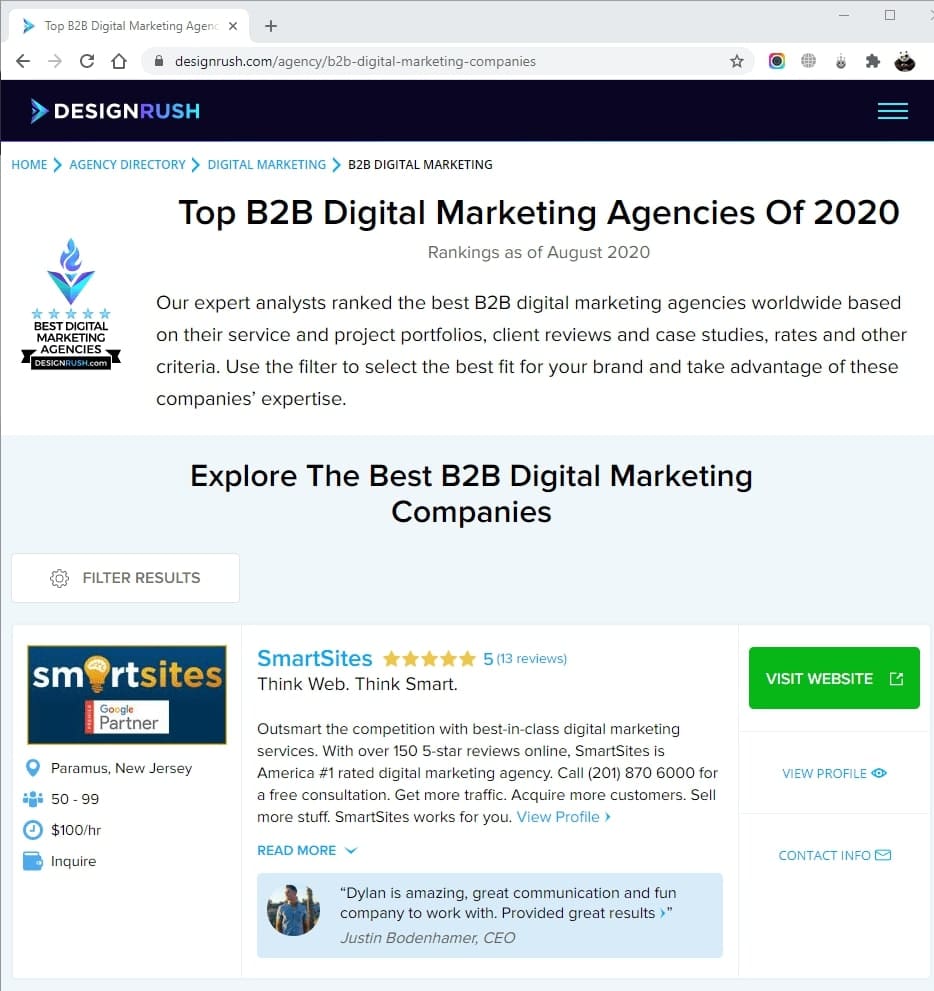 SmartSites Listed in Top B2B Digital Marketing